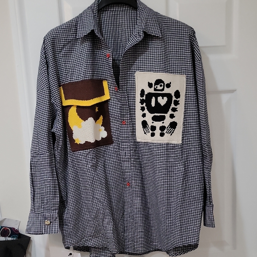 Women's Checkered Shirt with Robot and Cloud Patches